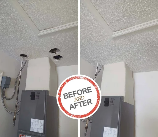 Before: drywall holes after plumbing work in Michigan home